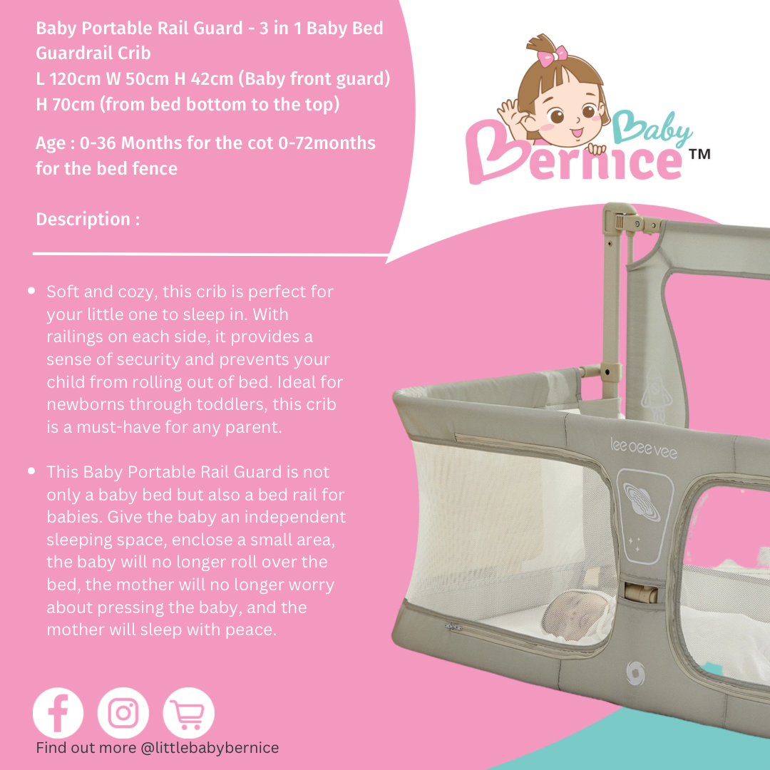 Baby Portable Rail Guard - 3 in 1 Baby Bed Guardrail Crib  L 120cm W 50cm H 42cm (Baby front guard) H 70cm (from bed bottom to the top)   Age : 0-36 Months for the cot 0-72months for the bed fence