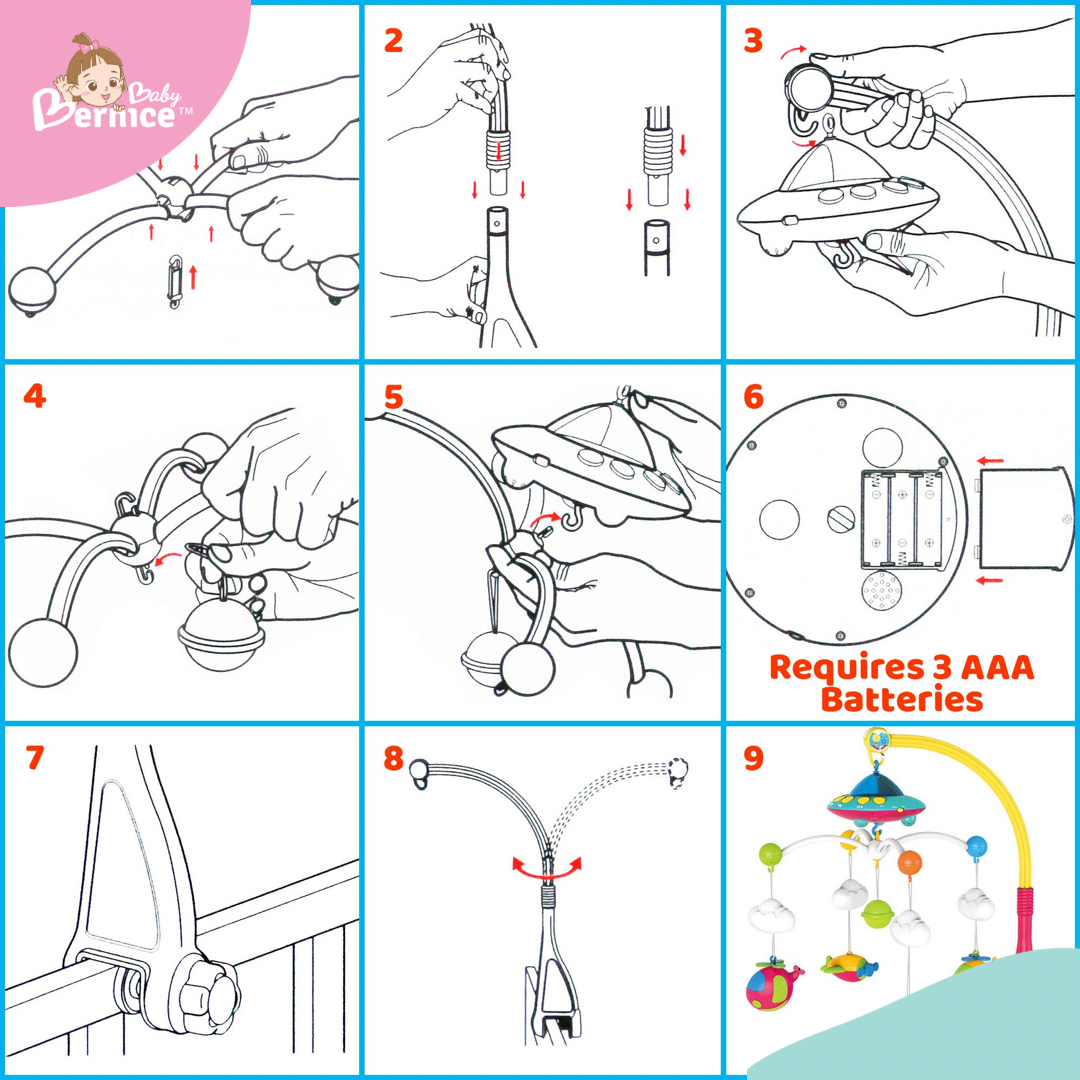 Baby Crib Mobile with Music and Lights, Remote Control and Light Projector with Stars. Musical Mobile for Crib with Space, Airplanes and Clouds Theme. Nursery Toys for Babies 0-24 Months